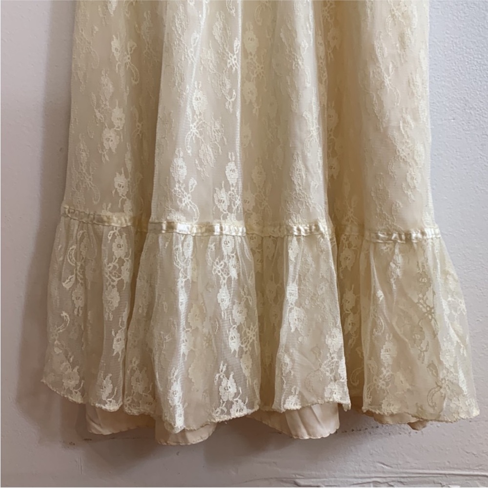Vintage 1930s Gown Floral Lace Satin Silk Maxi Dress Ruffled Butter Yellow Cream - Picture 4 of 12